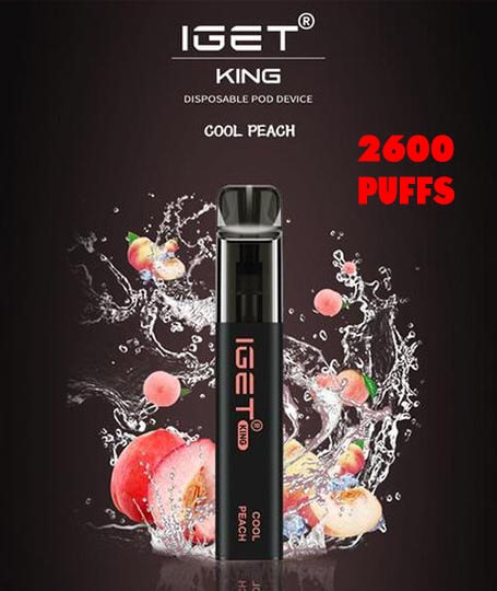 IGET King Cool Peach, 2,600 puff disposable vape, 50mg nicotine, Australia