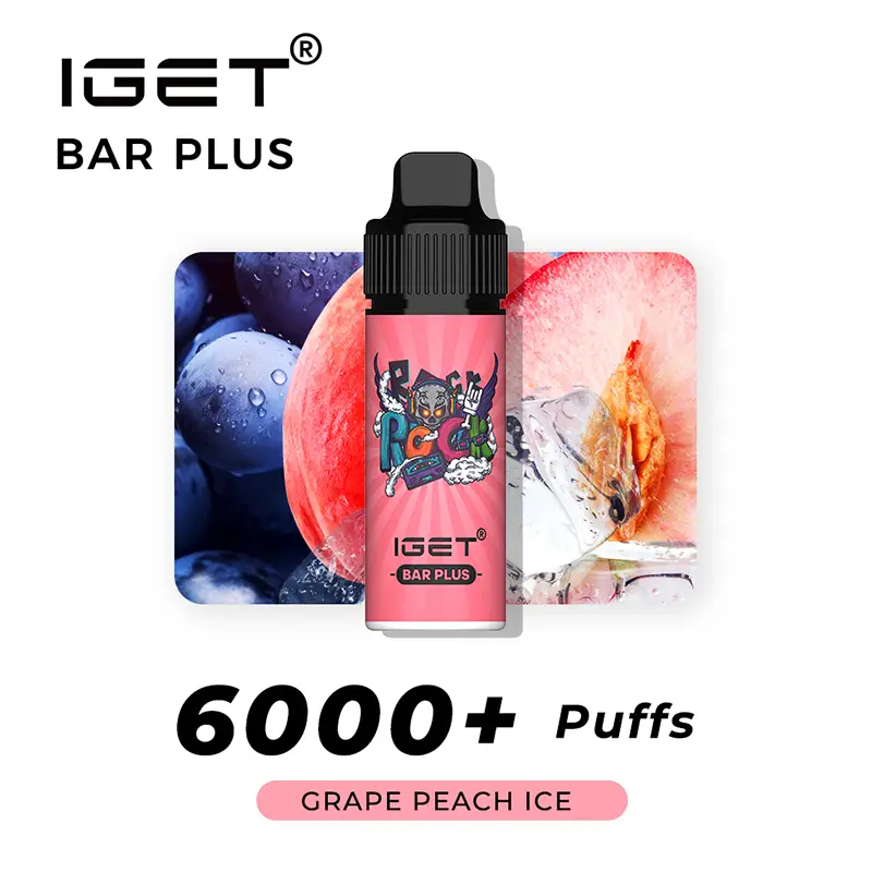 IGET Bar Plus Grape Peach Ice, 6,000 puff disposable vape, 50mg nicotine, Australia