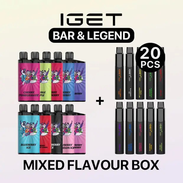 IGET Bar and Legend Mixed Box 20 Pack, 4,000 puff multipack, 50mg nicotine, Australia