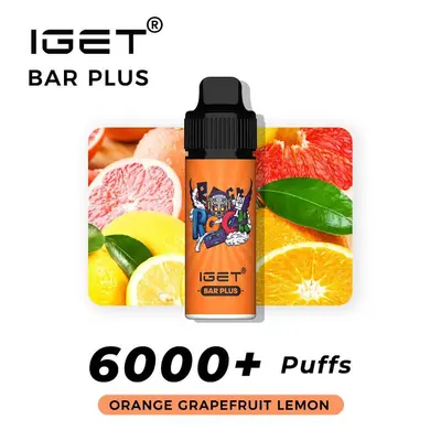 IGET Bar Plus Orange Grapefruit Lemon, 6,000 puff disposable vape, 50mg nicotine, Australia